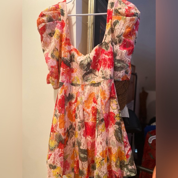 For Love & Lemons Dascha Puff Sleeve Mini Dress Light Pink Floral Lace Large NWT - Picture 6 of 16